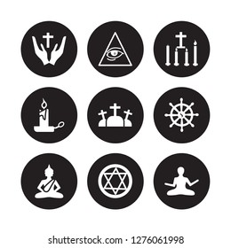 9 vector icon set : Christian, Cao dai, Buddha, Buddhism, Calvary, Candles, candle, blasphemy isolated on black background