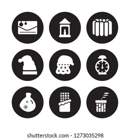 9 vector icon set : christmas letter, lantern, Christmas Bag, clock, Girl, jelly, hat, chocolate isolated on black background