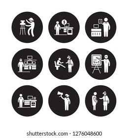 9 vector icon set : Civil Engineer, Financial Advisor, Actuary, Mathematician, Podiatrist, Accountant, Information Security Analyst, Marketing Manager isolated on black background