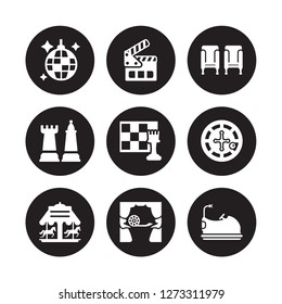 9 vector icon set : Club, Clapboard, Carousel, Casino, Chess, Cinema seat, Chess piece, voice acting isolated on black background