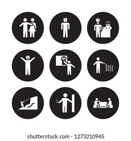 9 vector icon set : Couple Huging, Cosplaying, Climbing, Collecting, Coloring, Cooking, Comic, Cigarette isolated on black background