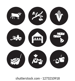 9 vector icon set : Cow, Cotton, Caterpillar, Cheese, Chicken coop, Corn, Combine harvester, self-sufficient isolated on black background