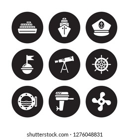 9 vector icon set : Cruise Ship, Cargo Ship Front View, Boat Porthole, Steering Wheel, Telescope, Captain Hat, Buoy, Engine isolated on black background