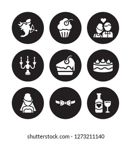 9 vector icon set : Cupid, Cupcake, Bride, Cake, Cake slice, Couple, Candelabra, Bow tie isolated on black background