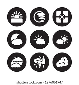 9 vector icon set : Dawn, Cyclone, Clouds, Clouds and sun, Cloudy Day, convergence, night, Climate isolated on black background