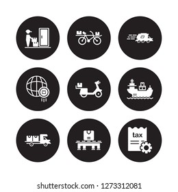 9 vector icon set : delivery to the door, by bike, Transportation, ship sea, scooter delivery, express worldwide Pallet isolated on black background