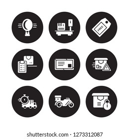 9 vector icon set : Delivery Hot air balloon, Weighing, Time, warning, Air mail, Tag, List, by Motorcycle isolated on black background