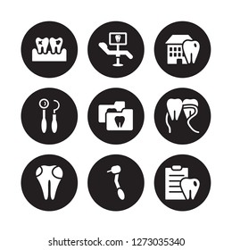 9 vector icon set : Dental Plaque, Monitor, filling, floss, Folder, House, Hook, drill isolated on black background