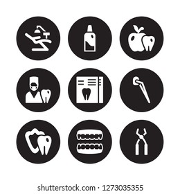 9 vector icon set : Dentist chair, bottle with liquid, Dental Protection, veneer, X ray, Apple, dentist, prosthesis isolated on black background