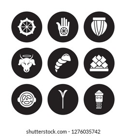 9 vector icon set : Dharma, Karma, Malai kofta, Lotus temple, Conch shell, Tablas, Sac cow, Trisul isolated on black background