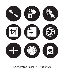 9 vector icon set : Diagonal arrow, Delete, Compress, Connections, Copy, Cursor, Crop, Close isolated on black background