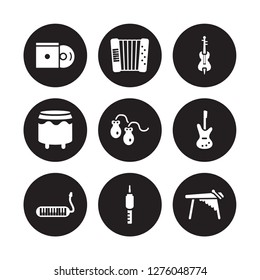 9 vector icon set : Disc, Accordion, Melodica, Bass Guitar, Castanets, Violoncello, Bongo, Jack connector isolated on black background