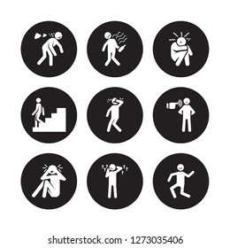 9 vector icon set : drunk human, drained curious depressed determined down disappointed crazy human isolated on black background