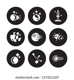 9 vector icon set : Eclipse, Earth, Crescent moon, Day and night, Death star, Dioptra, Destroyed planet, Constellation isolated on black background