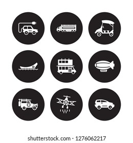 9 vector icon set : Electric car, eighteen-wheeler, Cruiser, dirigible, Double decker bus, eco-friendly transport, dugout canoe, crop duster isolated on black background