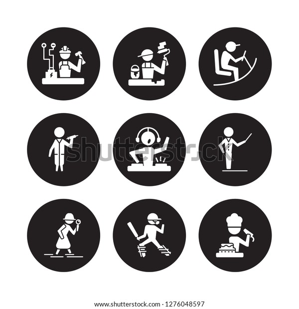 9 vector icon set : Electrician, Dyer,\
Detective, Director, dj, Driver, Doctor, Cricket player isolated on\
black background