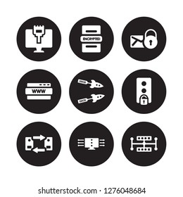 9 vector icon set : Ethernet, Encrypted, Data transfer, data unclocked, Ddos, Email security, domain, streaming isolated on black background