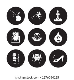 9 vector icon set : Fairy tale, Fairy, Curupira, Cyclops, Dracula, Excalibur, Enchanted mirror, Cthulhu isolated on black background