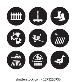 9 vector icon set : Fence, farming Fork, Farm, farm Field, Trailer, farmer Boots, farmer, Egg isolated on black background