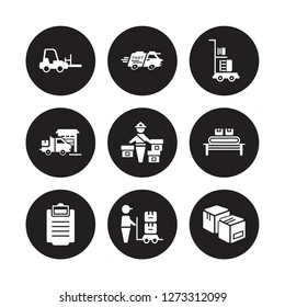 9 conjunto de iconos vectoriales: Elevador de horquilla, entrega rápida, Portapapeles, Transmisor, Correo, Carrito de entrega, Entrega, Carga aislada en fondo negro