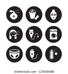 9 vector icon set : Fragance, Foam, Diaper, Dryer, Electric razor, Face mask, cleanser, Depilator isolated on black background