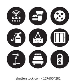 9 vector icon set : Free wifi, Food, Eating utensils, Elevator, Exit, Five stars, Extinguisher, Double bed isolated on black background