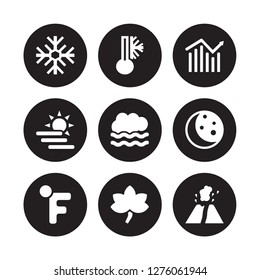 9 vector icon set : Frost, Freezing, Farenheit, First quarter, Foggy, Forecast, Foggy day, fall isolated on black background