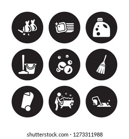 9 vector icon set : Garbage, Dishes, Bin, Broom, Bubbles, Detergent, Cleaning, Bathtub cleaning isolated on black background