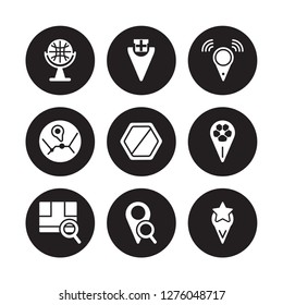 9 vector icon set : Gift shop Location, Geolocalization, Find On Map, Football Field Pin, Geo Cordinates, Forbidden, Favorite Place isolated on black background