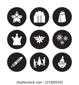 9 vector icon set : Gingerbread, Gift box, Firecracker, Firework, Flowers, Gift, Fun hat, Event isolated on black background