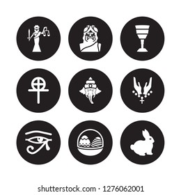 9 vector icon set : Goddess, God, Eye of ra, Faith, Ganesha, Goblet, Gnosticism, Easter eggs isolated on black background