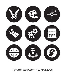 9 vector icon set : Gold medal, Ingots, Focus, Franchise, Gears, Goal, Gift voucher, Flowchart isolated on black background