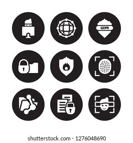 9 vector icon set : Hacker, Global network, File sharing, Fingerprint scan, Firewall, gdpr Shield, Folder security, security isolated on black background