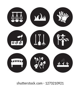 9 vector icon set : Hanging pot, Grass, garden Bench, Gardener, Gardening tools, Gloves, Germination, Garden isolated on black background