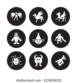 9 vector icon set : Harpy, Gryphon, female Medusa, Giant, Goblin, Griffin, Golem, Faun isolated on black background