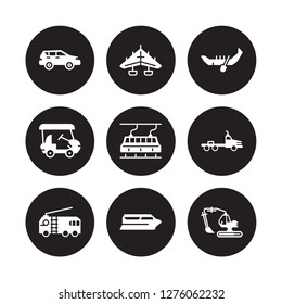 9 vector icon set : hatchback, hang glider, Fire truck, flatbed lorry, funicular railway, gondola, Golf cart, Ferry boat isolated on black background