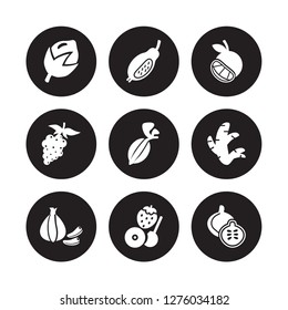 9 vector icon set : Hazelnut, Guava, Garlic, Ginger, Gooseberry, Grapefruit, Grape, Fruit isolated on black background