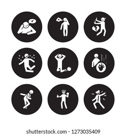 9 vector icon set : heartbroken human, happy funny good grateful guilty great full human isolated on black background