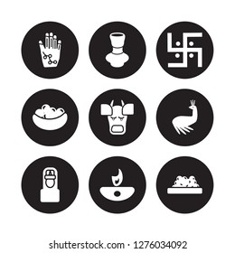 9 vector icon set : Henna painted hand, indian Vase, Vishnu, Peacock, Cow, Swastica, Laddu, Diwali lamp isolated on black background