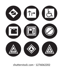 9 vector icon set : Hill, Highway, Fire, Forbidden, Gas station, Handicap, Gasoline, Falling rocks isolated on black background