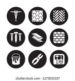 9 vector icon set : Hydraulic breaker, Paving, Paint bucket, Birck Wall, Beam, Parquet, Screws, Plier isolated on black background