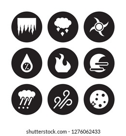 9 vector icon set : Icicle, ice pellets, Hailstorm, Haze, Hot, Hurricane, Humidity, Gust isolated on black background