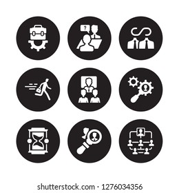 9 vector icon set : Job, Interview, Hourglass, Human resources, Humanpictos, Infinite, Hurry, Hiring isolated on black background