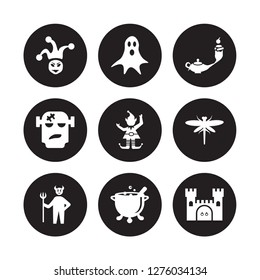9 vector icon set : Joker, Ghost, Devil, Dragonfly, Elf, Genie, Frankenstein, Cauldron isolated on black background