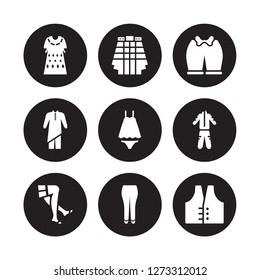 9 vector icon set : Kaftan, Kilt, stockings, tracksuit, Nightwear, Knickers, Kurta, briefs isolated on black background