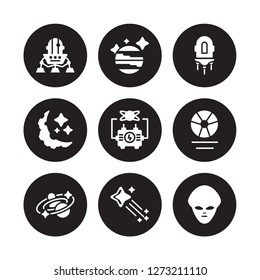 9 vector icon set : Lander, Jupiter, Galaxy, Gamma ray, Generator, Jet pack, Half moon, Falling star isolated on black background