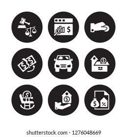 9 vector icon set : legal expenses, Actual Cash Value, Retirement, Savings, total loss, Beneficiary, replacement value, Protection isolated on black background