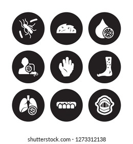 9 vector icon set : Leishmaniasis, Legionellosis, Kidney stone disease, Kuru, Kwashiorkor, Lead poisoning, Laryngitis, Disease (Chronic Disease) isolated on black background