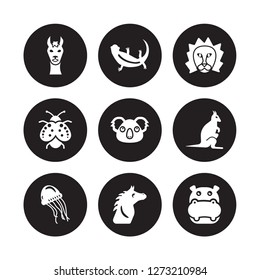 9 vector icon set : Llama, Lizard, Jellyfish, Kangaroo, Koala, Lion, Ladybug, Horse isolated on black background