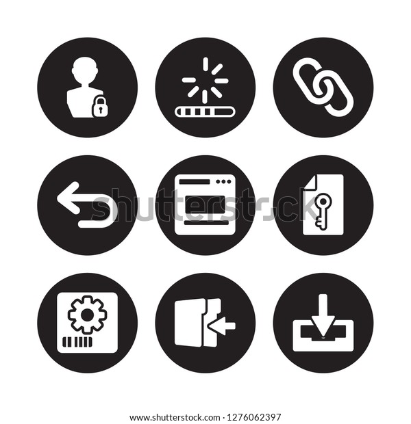 9 vector icon\
set : Login, Loading, Items, Key, Layout, Link, Left arrow, Insert\
isolated on black background